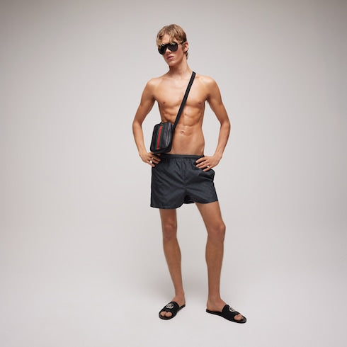 Printed polyester poplin swim shorts - black