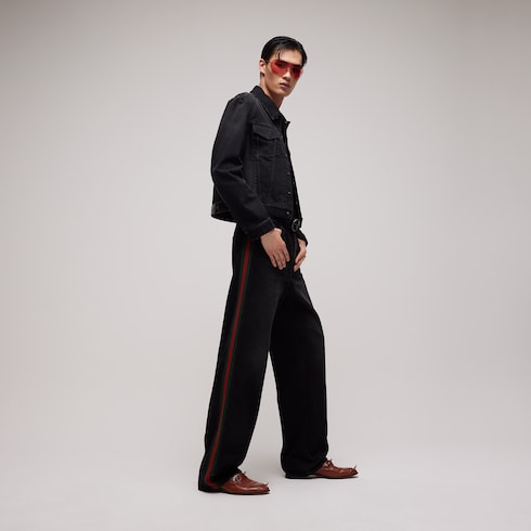 Cotton denim pants with Web insert - black