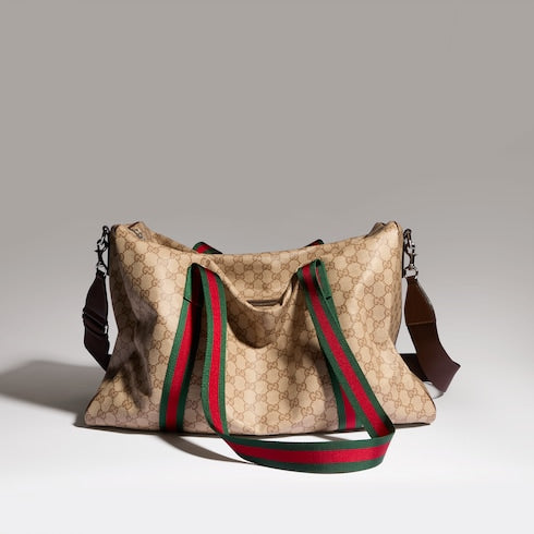 Medium duffle bag with Web - sand and brown GG canvas