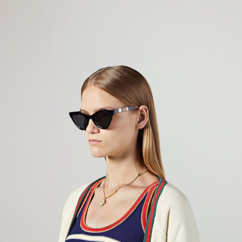 Black Acetate Cat Eye Sunglasses With Grey Lens - Black Acetate