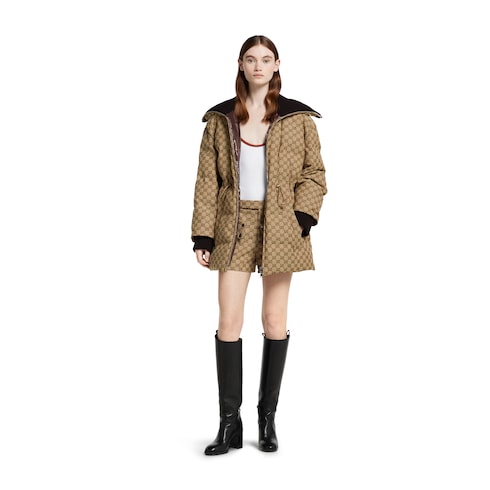 GG canvas puffer jacket - camel and dark brown