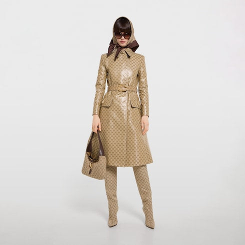 Coated GG cotton canvas fabric coat - sand