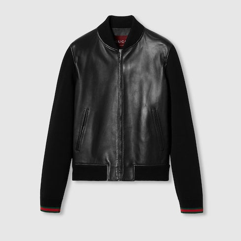 Nappa leather and knit bomber jacket - black