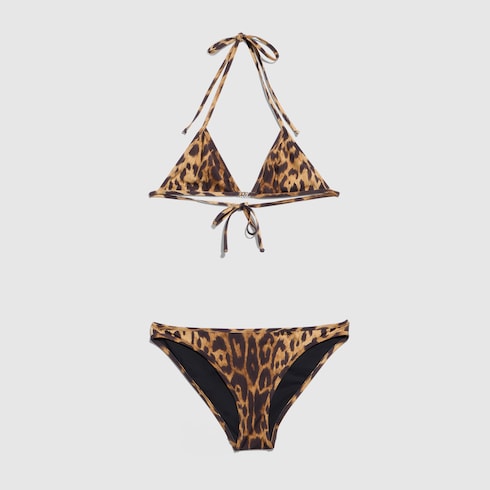 Printed stretch jersey bikini - black and brown