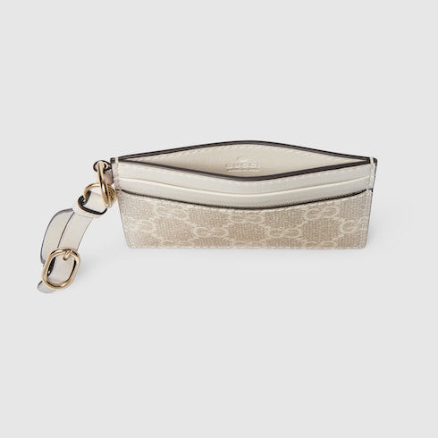GG Emblem card case with strap - beige and white fabric