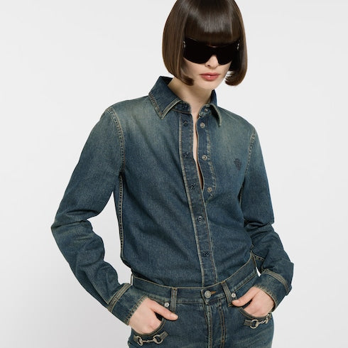 Cotton denim shirt with embroidery - blue