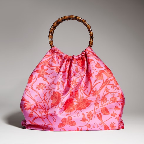 Silk maxi tote bag with bamboo handle - fuchsia and multicolor silk