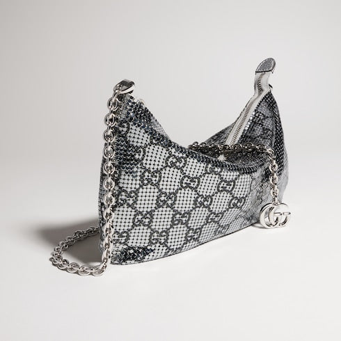 Metallic evening bag with charm - silver and black GG mesh