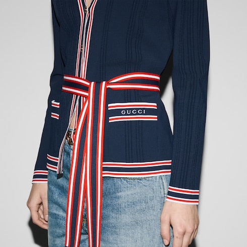 Self-tie cardigan with striped trim - dark blue