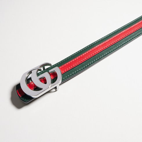 Reversible thin belt with Double G buckle - green, red and black leather