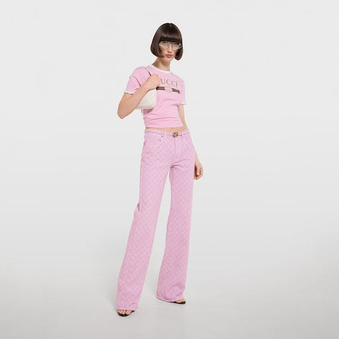 GG cotton denim jacquard pants - light pink