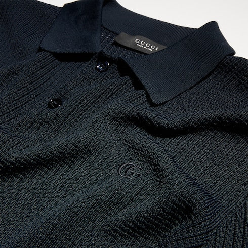 Technical knit fabric polo shirt with embroidery - dark blue