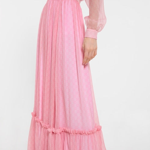 Printed silk chiffon long skirt - light pink