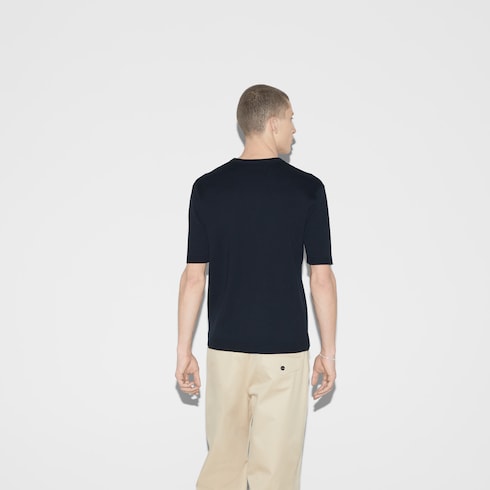 Silk cotton T-shirt with Gucci intarsia - navy