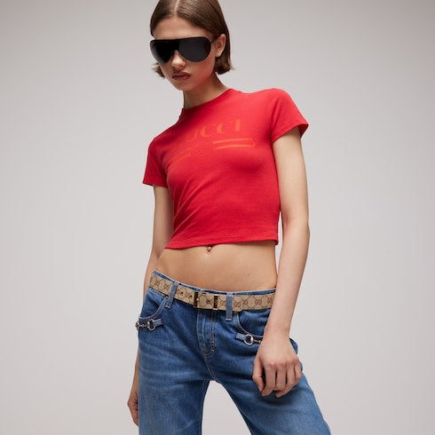Belt with squared buckle - sand and brown GG canvas
