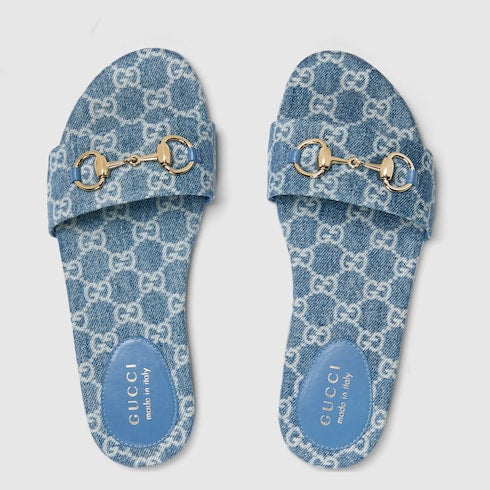 Women's slide sandal with Horsebit - blue GG denim