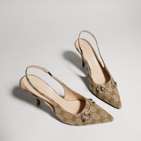 Women's slingback pump with Horsebit - beige and ebony Original GG canvas