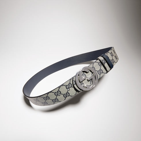Reversible belt with Interlocking G buckle - blue GG canvas and leather