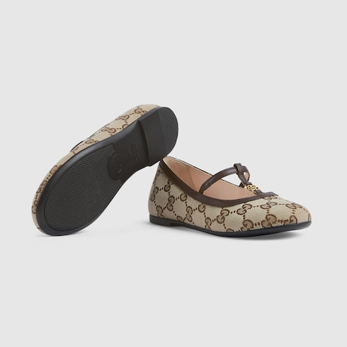Children's Double G ballet flat - beige and ebony GG canvas