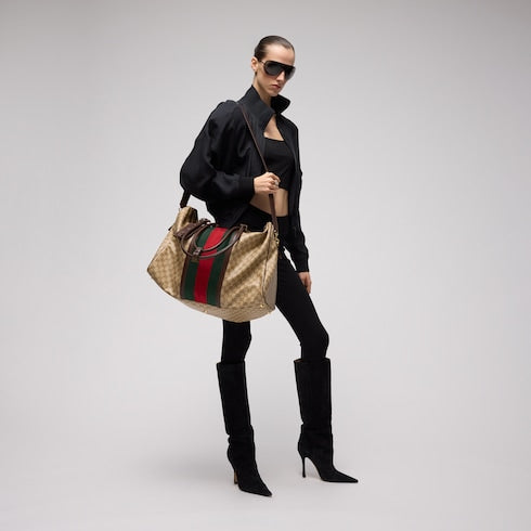 Medium GG duffle bag with Web - sand and brown GG canvas