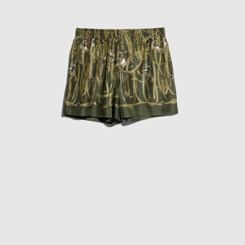Printed silk twill shorts - dark green and beige