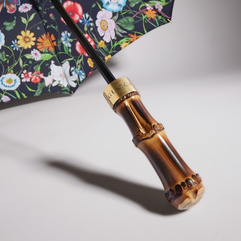 Nylon foldable umbrella with Gucci Flora print - black and multicolor