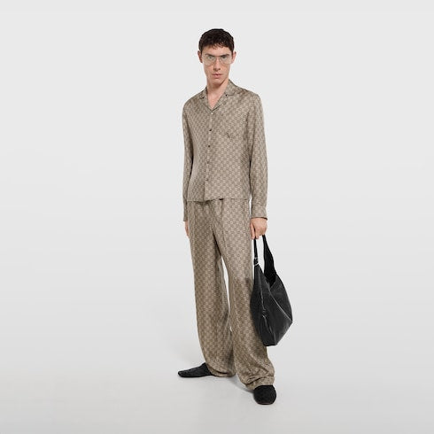 Printed silk twill bowling shirt - beige and dark brown