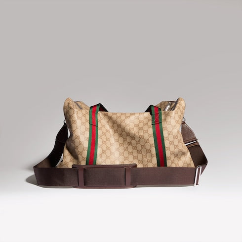 Medium duffle bag with Web - sand and brown GG canvas