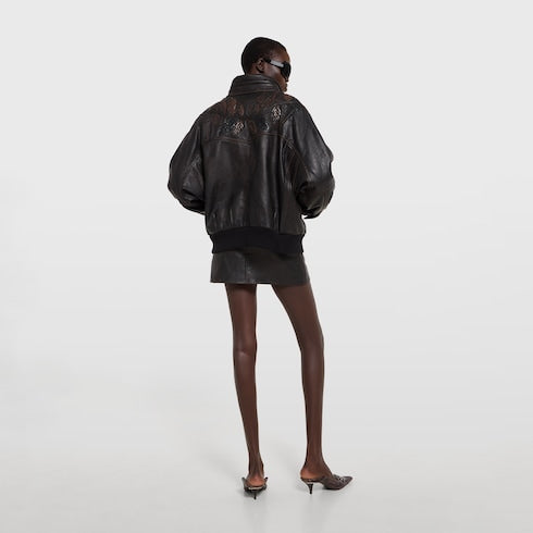 Leather with aged effect bomber jacket - dark brown