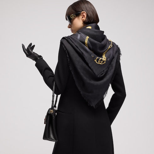 GG wool silk jacquard cape - black