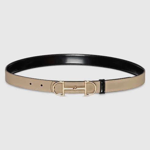 Reversible thin belt with Horsebit - black and beige leather