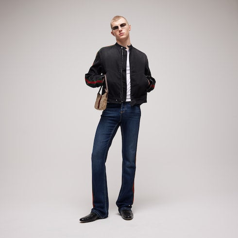 Cotton denim biker jacket with Web - black