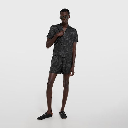Printed silk twill shorts - black and grey