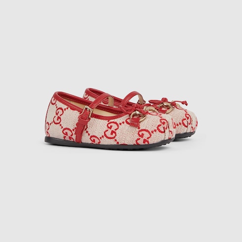 Toddler ballet flat with Horsebit - beige and red GG canvas