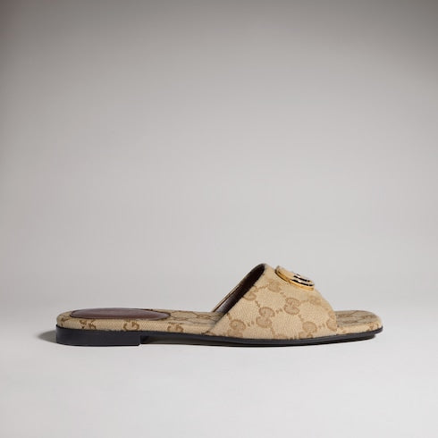 Women's slide sandal with Double G - sand and brown GG canvas