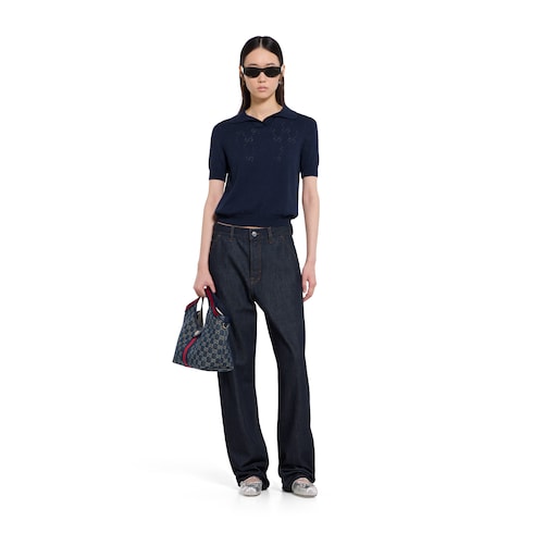 GG pointelle cotton silk polo shirt - blue