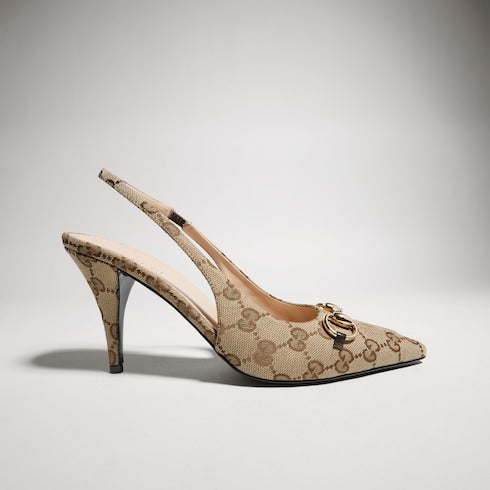 Women's slingback pump with Horsebit - beige and ebony Original GG canvas