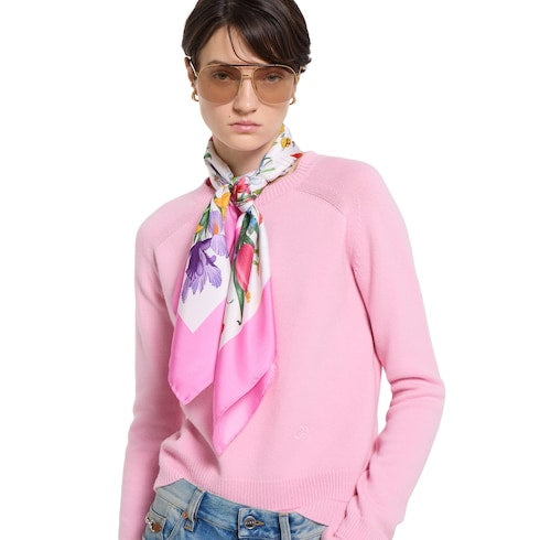 Printed Flora silk twill carré - pink and multicolor