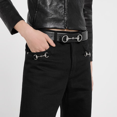 Cotton denim pants with Horsebit detail - black