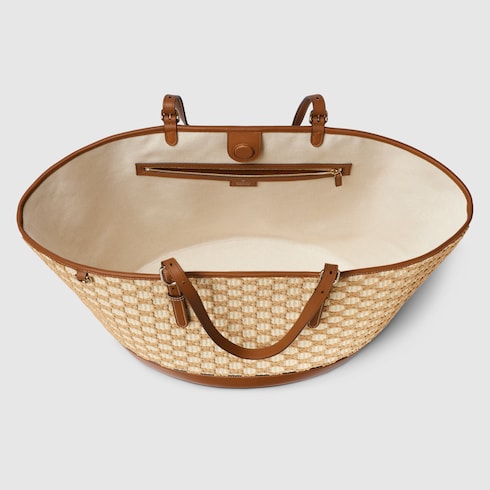 Woven large tote bag - natural and brown fabric