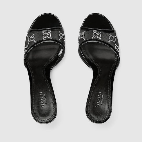 Women's crystal slide sandal - black GG crystal mesh