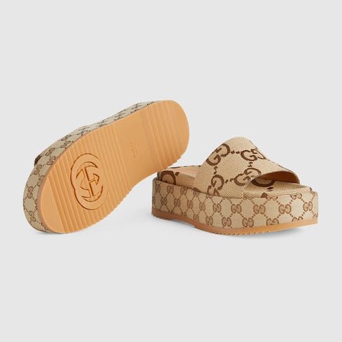 Women's platform slide sandal - camel and dark brown maxi GG canvas