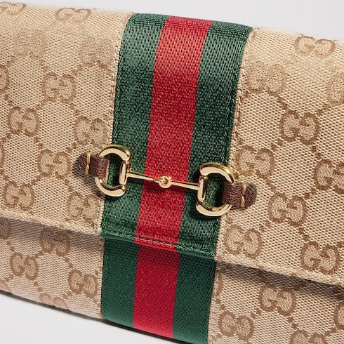 Gucci Horsebit Web wallet with strap - sand and brown GG canvas