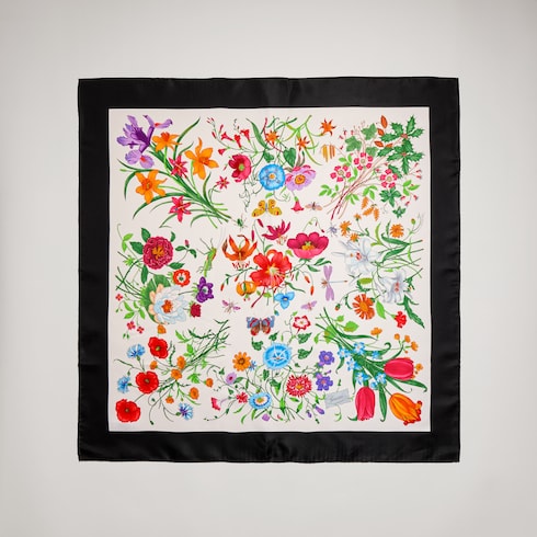 Printed Flora silk twill carré - multicolor and black