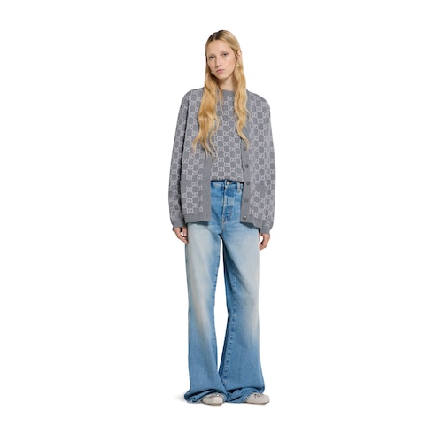Reversible GG fine wool jacquard cardigan - light pink and grey