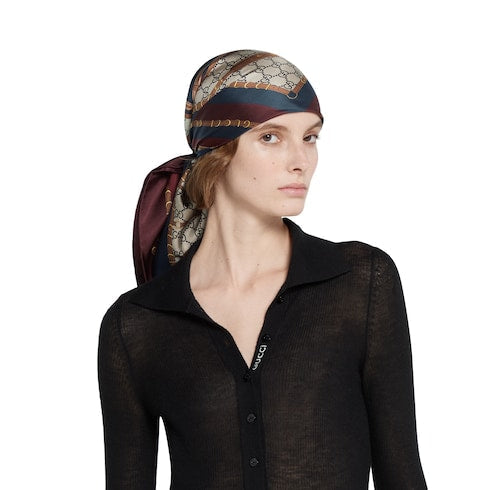 Printed silk twill carré - brown and red