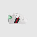 Baby Ace Sneaker White Leather Velcro With Green & Red Web