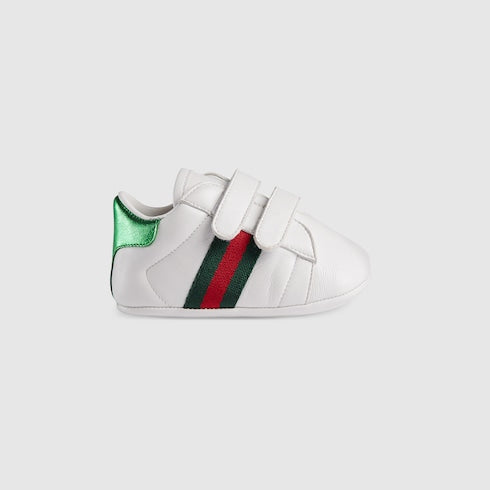 Baby Ace Sneaker White Leather Velcro With Green & Red Web
