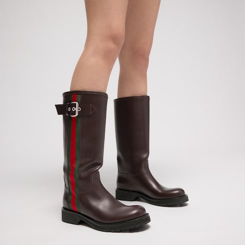 Women's biker boot with Web - brown leather