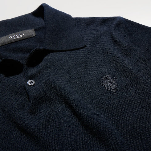 Knit cashmere polo shirt with embroidery - blue navy